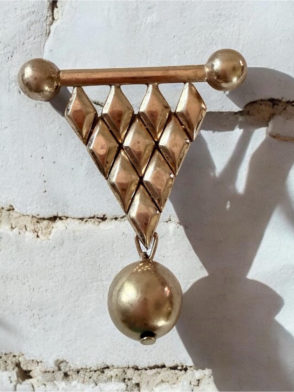 Vintage 1980s Modernist Geometric Brooch Gold Tone Inverted Triangle Dangle Pin
